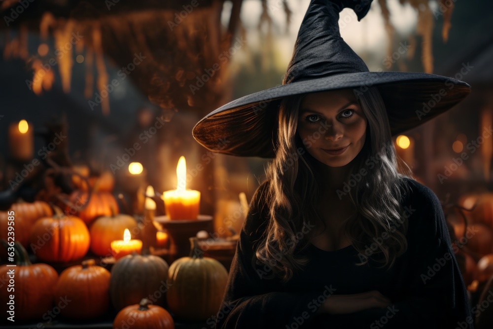 Woman in witch costume for halloween party. Halloween concept. Background with selective focus and copy space Woman in witch costume for halloween party. Halloween concept. Background with selective focus and copy space