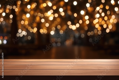 empty brown wooden floor or wood board table with blurred abstract night light bokeh at restaurant background, copy space for display of product or object presentation, Generative AI