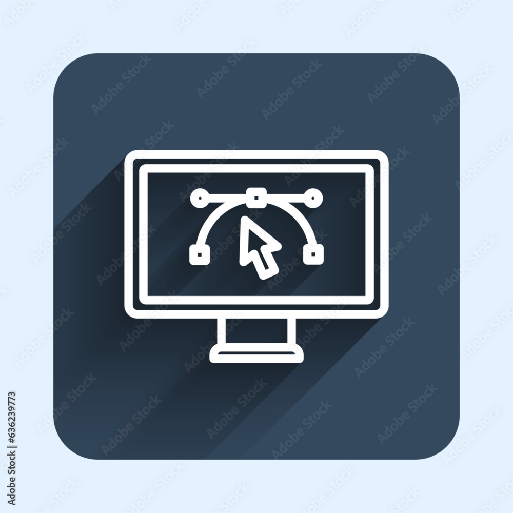White line Computer display with vector design program icon isolated on isolated with long shadow background. Photo editor software with user interface. Blue square button. Vector White line Computer display with vector design program icon isolated on isolated with long shadow background. Photo editor software with user interface. Blue square button. Vector