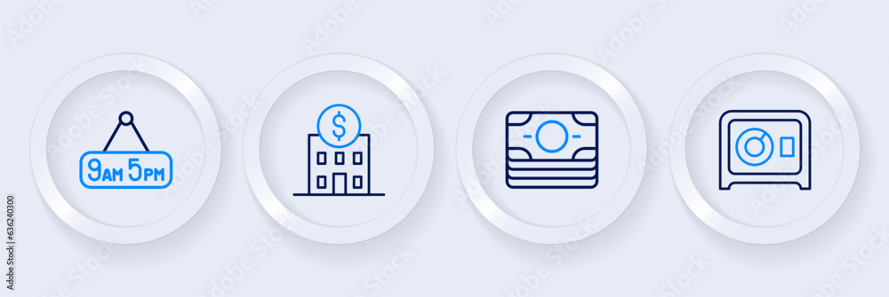 Set line Safe, Stacks paper money cash, Bank building and From 9 to 5 job icon. Vector Set line Safe, Stacks paper money cash, Bank building and From 9 to 5 job icon. Vector