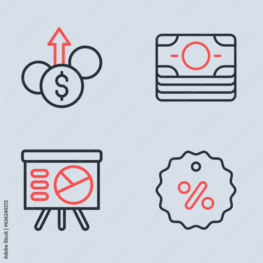 Set line Stacks paper money cash, Board with graph, Discount percent tag and Financial growth dollar icon. Vector Set line Stacks paper money cash, Board with graph, Discount percent tag and Financial growth dollar icon. Vector