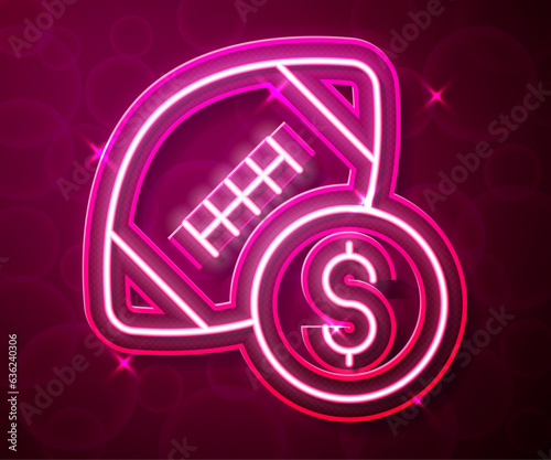 Glowing neon line American football betting money icon isolated on red background. Football bet bookmaker. Soccer betting online make money. Vector