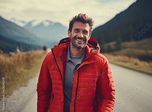 A happy smiling man in an orange jacket on the background of forest trees and a road. Created with Generative AI technology.