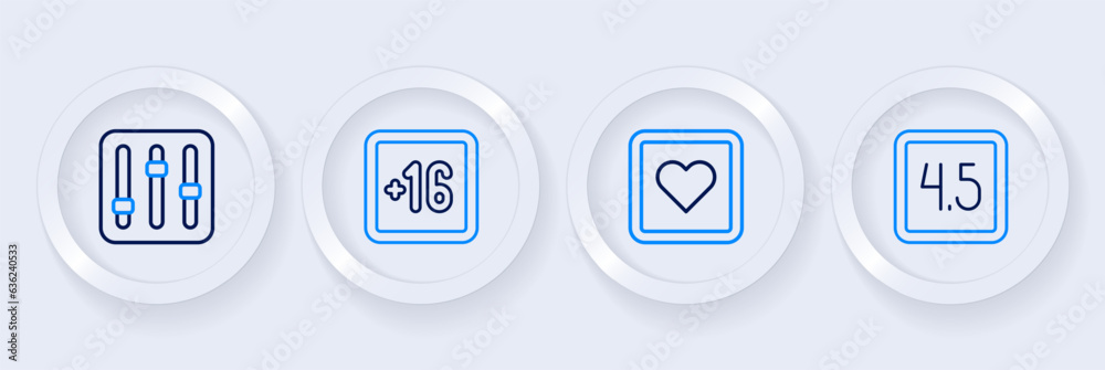 Set line Rating movie, Like heart, Plus 16 and Sound mixer controller icon. Vector Set line Rating movie, Like heart, Plus 16 and Sound mixer controller icon. Vector