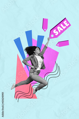 Collage artwork picture of excited funny lady running shopping best prices isolated graphical background