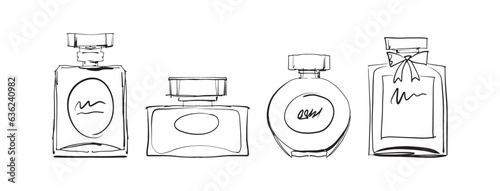 Set of line sketches of different bottles for perfume and cologne. Hand drawing isolated on white background. Eau de toilette packaging collection.