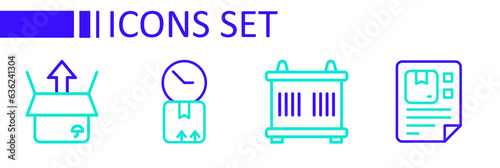 Set line Waybill, Container, Cardboard box with clock and Unboxing icon. Vector