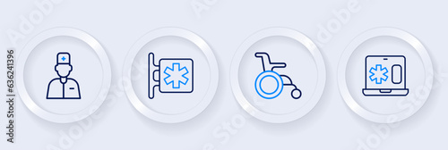 Set line Clinical record on laptop, Wheelchair for disabled person, Emergency - Star of Life and Male doctor icon. Vector