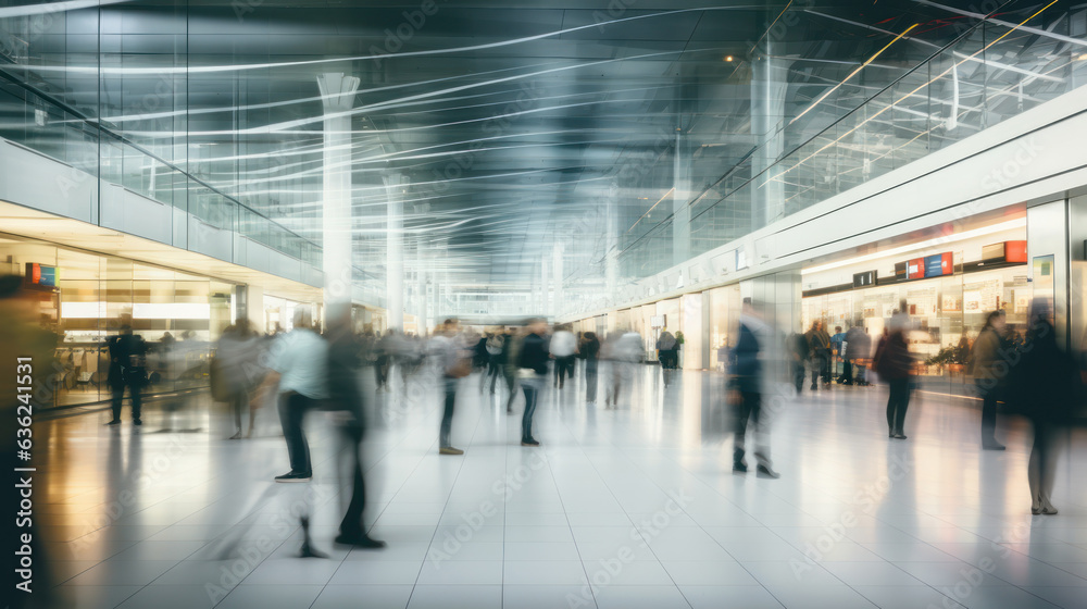abstract motion blur image of people crowd walking to travel and transport at airport or train station, transportation concept, Generative AI