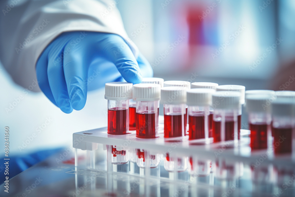 Blood Test. laboratory assistant hand working on production line at pharmaceutical factory, vaccine laboratory lab test, glass bottles production line, medical technology concept, Generative AI Blood Test. laboratory assistant hand working on production line at pharmaceutical factory, vaccine laboratory lab test, glass bottles production line, medical technology concept, Generative AI