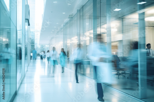 abstract motion blur image of people crowd walking at hospital office building in city downtown, blurred background, business center, medical technology concept, Generative AI