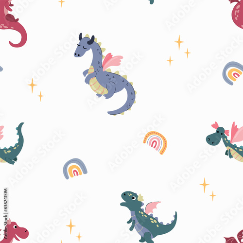 Seamless pattern with cute hand drawn dragons. Design for fabric, textile, wallpaper, packaging.	