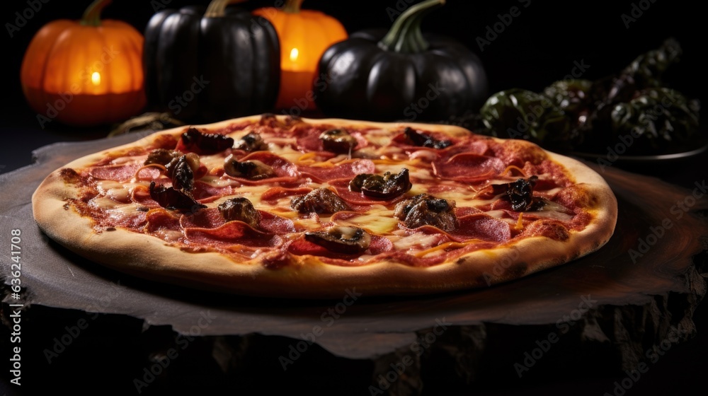 Halloween party pizza funny scary food background. Festive still life on straw in rustic style. Halloween party recipe, Creative funny idea for pizzas. AI photography..