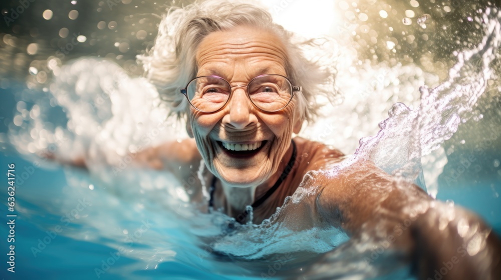 Gray haired elderly woman at swimming pool portrait. Happy senior healthy old woman enjoying active life outdoor. Healthy lifestyle. Active retirement concept. AI photography..