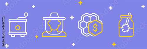 Set line Jar of honey and dipper stick, Sale honeycomb, Beekeeper with protect hat and Honey extractor icon. Vector