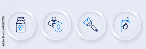 Set line Jar of honey and dipper stick, Beekeeping brush, Sale bees and icon. Vector