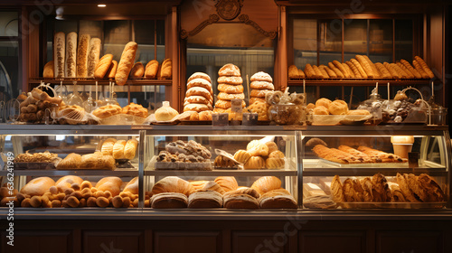 Dive into the sensory journey of food with this mesmerizing image. A bakery's display case showcases an array of freshly baked bread, pastries, and sweets.