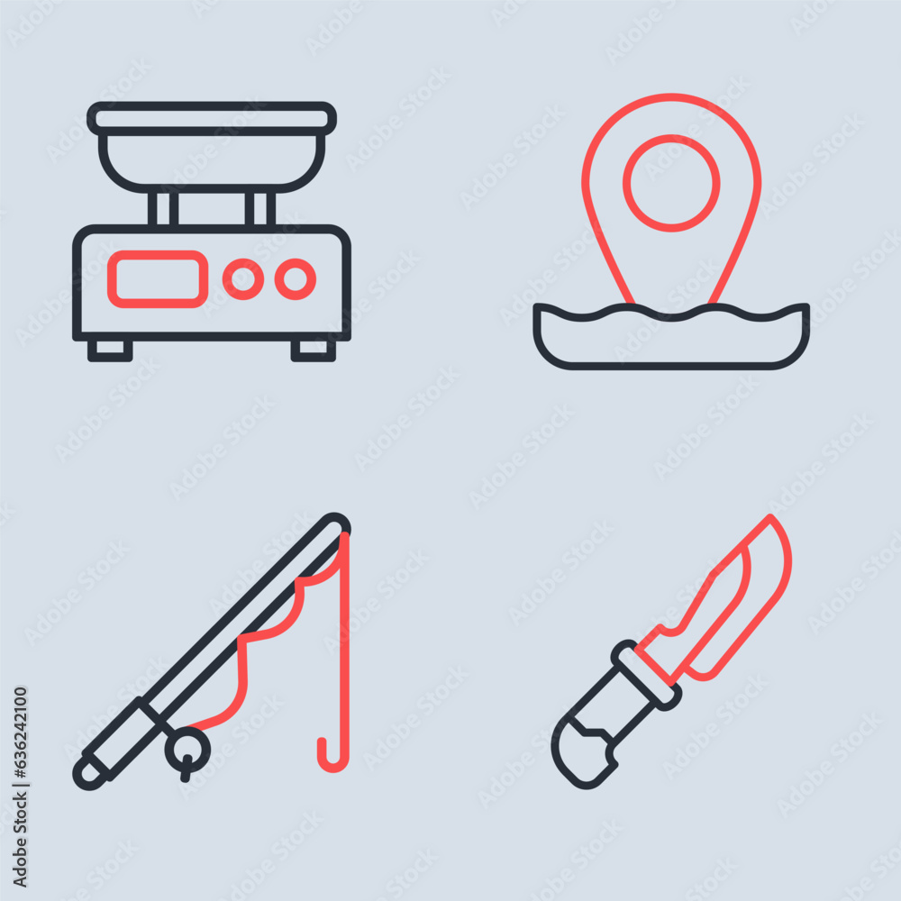 Set line Location fishing, Fishing rod, Knife and Electronic scales icon. Vector Set line Location fishing, Fishing rod, Knife and Electronic scales icon. Vector