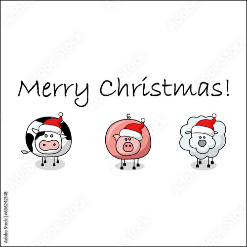 Merry Christmas greeting card with farm animals cow, pig and sheep wearing red Santa hat on white background. Cartoon vector illustration.