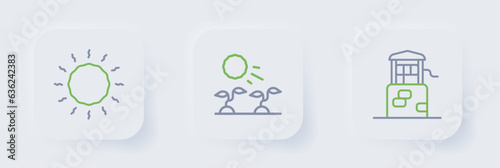 Set line Well, Plant sprouts grow in the sun and Sun icon. Vector