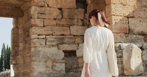 Woman walking in ruins of the ancient city Hierapolis in Pamukkale, heritage of Ancient Rome in Turkey photo