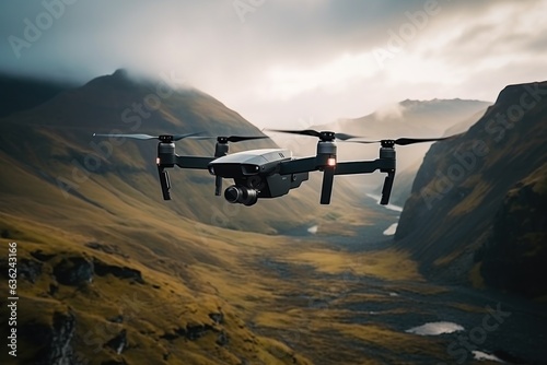 The drone flies over the mountains. Drone in the sky.
