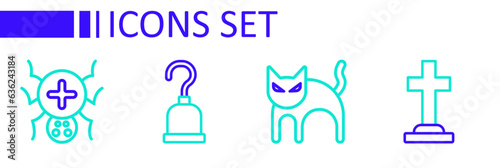 Set line Tombstone with cross, Black cat, Pirate hook and Spider icon. Vector