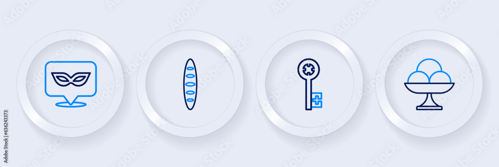 Set line Ice cream in the bowl, Old key, French baguette bread and Carnival mask icon. Vector Set line Ice cream in the bowl, Old key, French baguette bread and Carnival mask icon. Vector