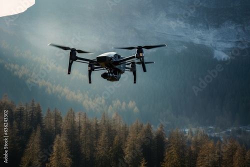 Drone with camera flying with a forest in the background
