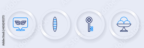 Set line Ice cream in the bowl, Old key, French baguette bread and Carnival mask icon. Vector