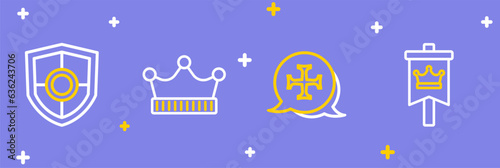 Set line Medieval flag, Crusade, King crown and Shield icon. Vector