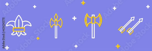 Set line Medieval arrows, poleaxe, and Fleur de lys or lily flower icon. Vector