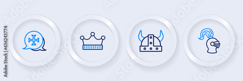 Set line Medieval helmet, Viking in horned, King crown and Crusade icon. Vector