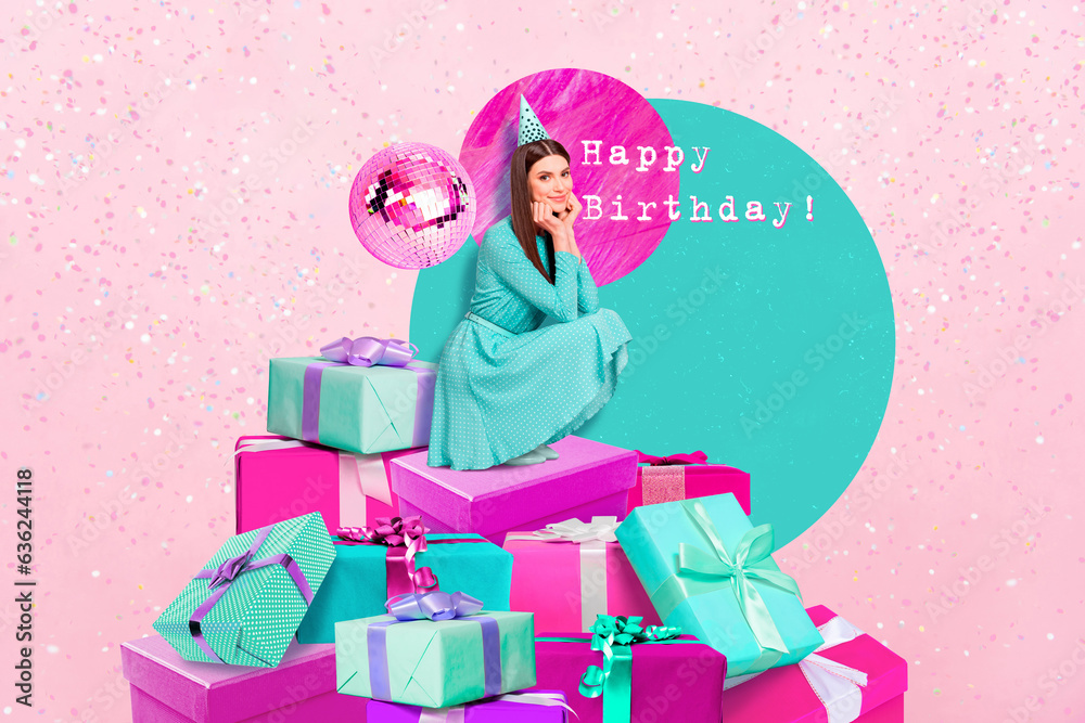 Banner collage picture greeting card of lovely girlfriend sitting on boxes received many gifts isolated drawing color background Banner collage picture greeting card of lovely girlfriend sitting on boxes received many gifts isolated drawing color background