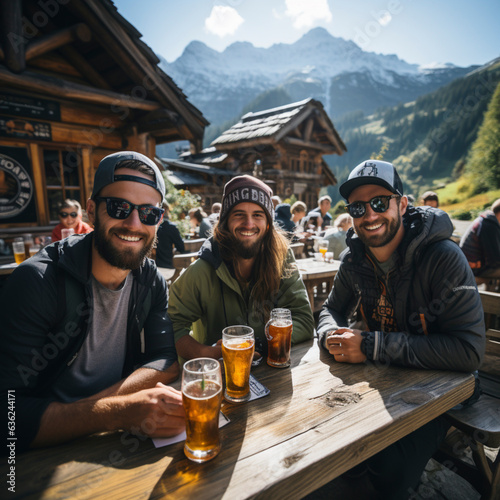 beer and snacks in an alpine hut in the mountains, Ai generated
