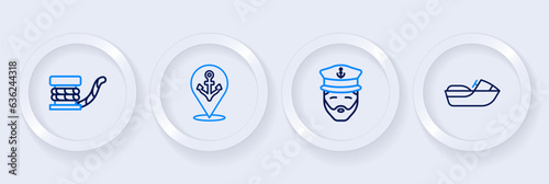 Set line Jet ski, Captain of ship, Location with anchor and Marine bollard rope icon. Vector