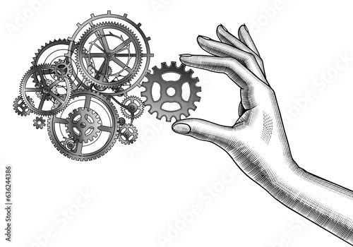 Female hand holding a gear in the fingers and gear wheels of clockwork. Drawn sketch of gears mechanism. Vintage engraving stylized drawing. Vector illustration