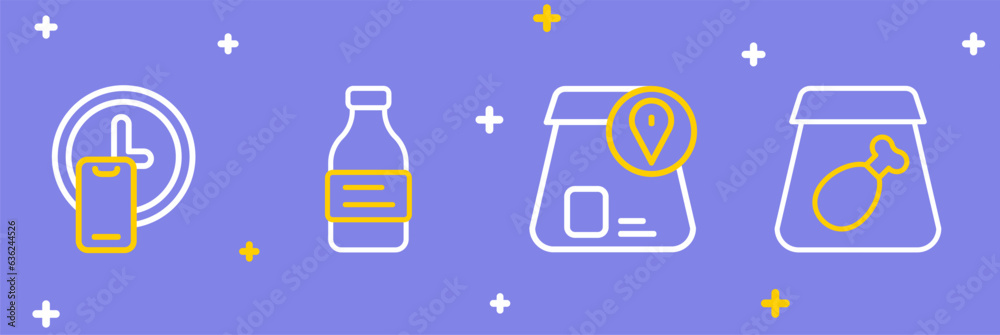 Set line Online ordering meal, food, Bottle of water and Round the clock delivery icon. Vector Set line Online ordering meal, food, Bottle of water and Round the clock delivery icon. Vector