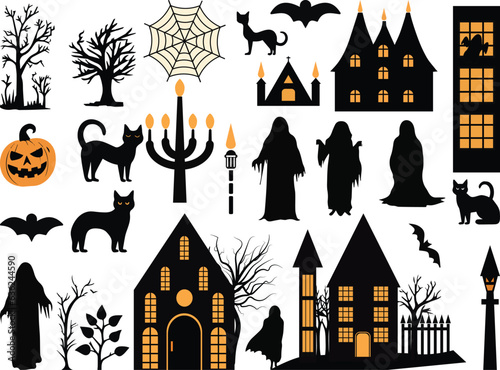 Halloween set in black and orange colour includes bet, black cat, ghost, Halloween tree, and haunted house.  