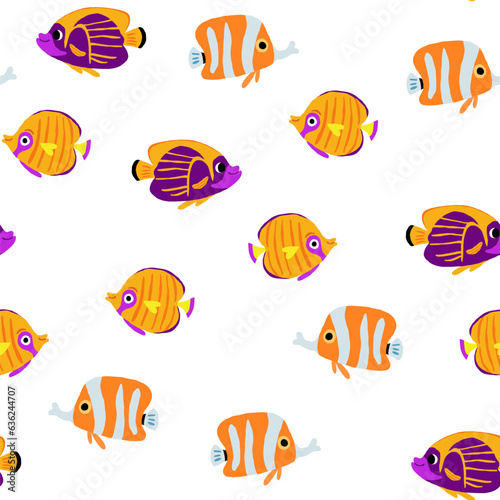 Vector seamless pattern with beautiful exotic fish, coral reafs fish collection. Exotic tropical pattern on white background. Hawaii resort print with colorful fish. Vector illustration