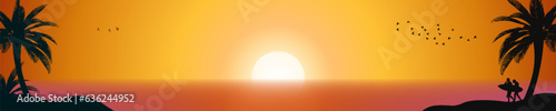 Sunset Beach Panorama. Setting sun golden hour with silhouette of beach, palm trees, and surfers with birds in the sky. Vector Illustration  © Ja Creatives