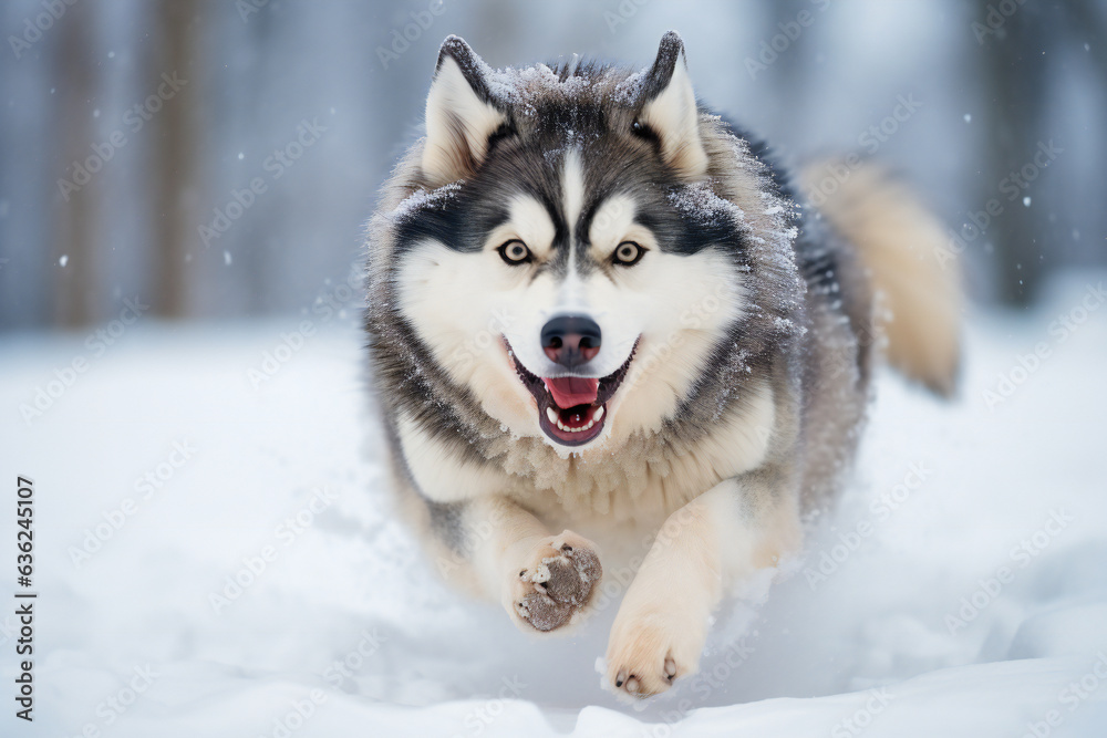 Alaskan malamute running happy in the snow