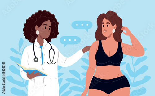 Doctor's consultation for an overweight woman. African American female doctor explains how to lose weight to an obese patient by choosing good healthy foods, fat control instruction, calorie control.