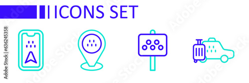 Set line Taxi car, Road sign for taxi stand, Location and Infographic of city map icon. Vector