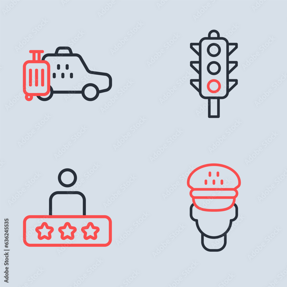 Set line Traffic light, Taxi service rating, driver and car icon. Vector Set line Traffic light, Taxi service rating, driver and car icon. Vector