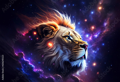 Illustration of a Lion King Head in Space Nebula with Glowing Background. Esoteric Horoscope and Fortune Telling Concept Design for Poster  Banner  Invitation  Greeting Card or Cover. Ai Generated.