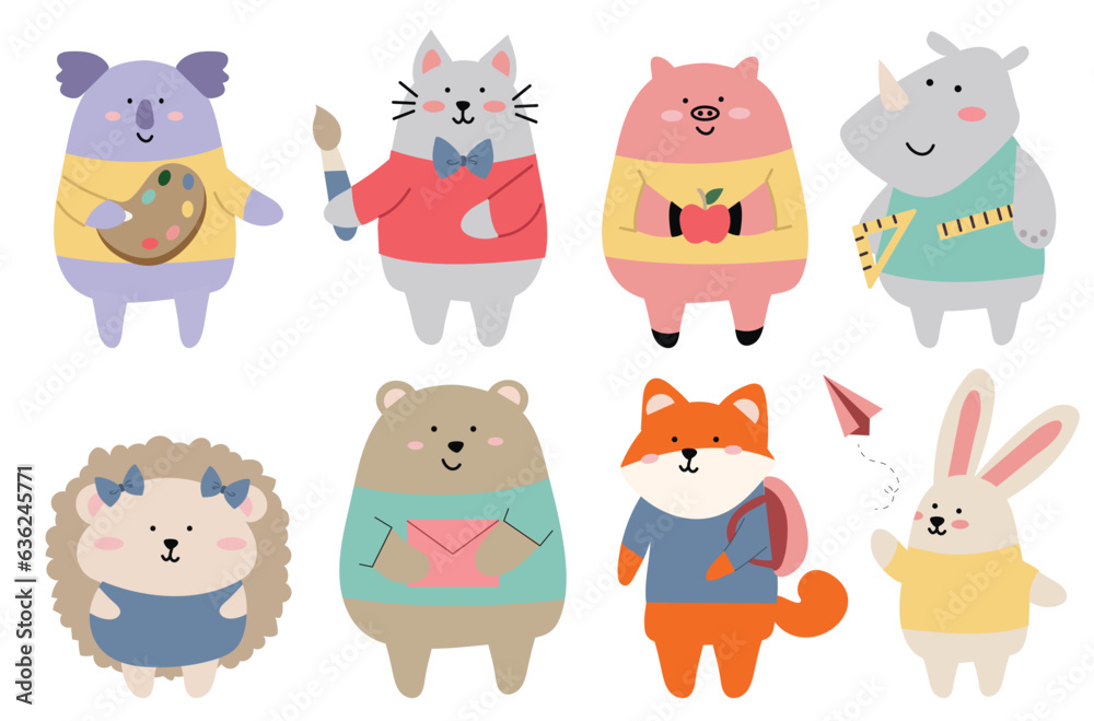 Set of school animals in the flat cartoon design. A charming and playful illustration set featuring adorable animals with a school things. Vector illustration.