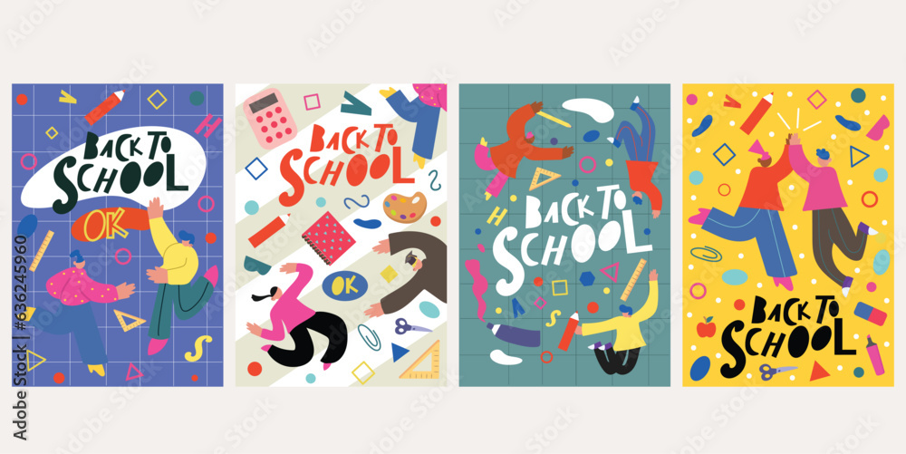 Set of school posters in the cartoon design. A set of vibrant and informative school posters with eye-catching designs and illustrations. Vector illustration.