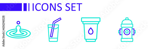 Set line Fire hydrant, Water filter cartridge, Glass with water and drop icon. Vector