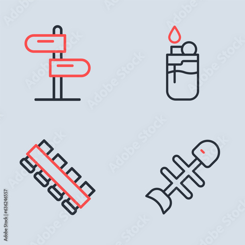 Set line Lighter, Hunting cartridge belt, Dead fish and Road traffic sign icon. Vector